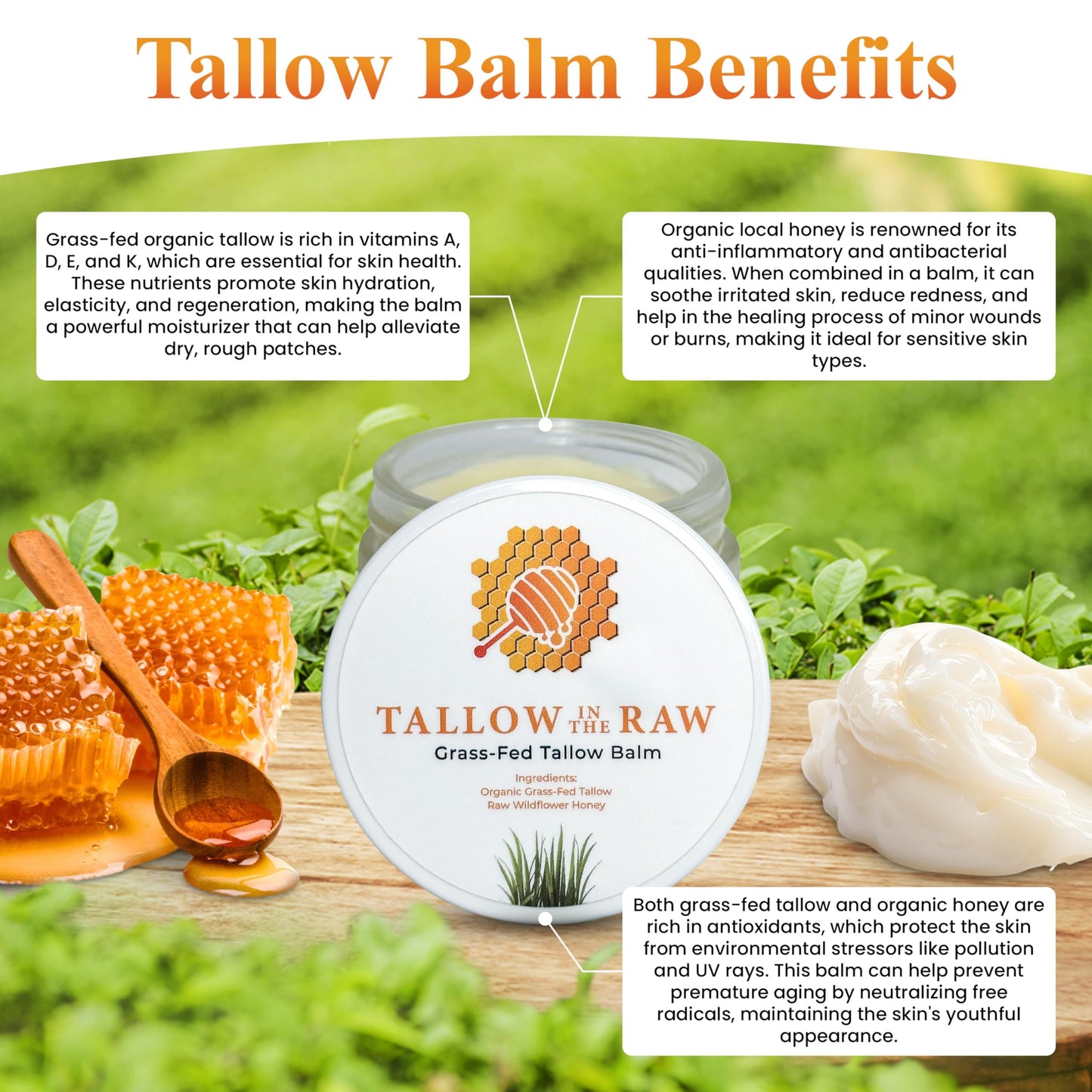 Butter Moisturizer with Grass-Fed Tallow & Raw Honey – Soothing, Hydrating, 100% Organic Whipped Balm for Face & Body (2oz)