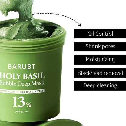 Barubat Holy Basil Bubble Deep Mask – Detoxifying Clay-to-Bubble Cleanser for Deep Pore Purification & Oil Control