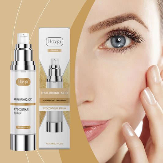 Hoygi eye contour serum with packaging and a close-up of a woman's face.